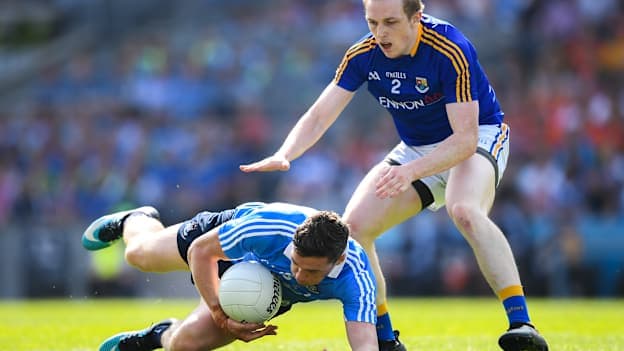Paddy Andrews of Dublin in action against Patrick Fox of Longford during the 2018 Leinster GAA Football Senior Championship Semi-Final match between Dublin and Longford at Croke Park in Dublin. Photo by Stephen McCarthy/Sportsfile