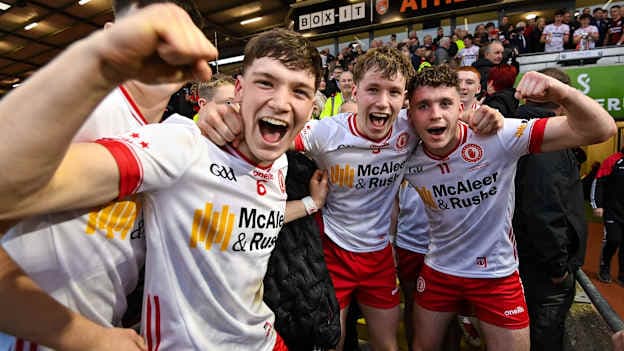 Tyrone players, from left, Joey Clarke, Ben Hughes and Eoin McElholm celebrate after the 2025 All Ireland Dalata Hotel Group GAA Football All-Ireland U20 Championship final match between Louth and Tyrone at BOX-IT Athletic Grounds in Armagh. Photo by Oliver McVeigh/Sportsfile