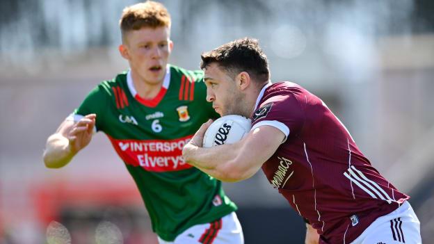 Damien Comer, Galway, and David McBrien, Mayo, in Connacht SFC Final action. Photo by Seb Daly/Sportsfile