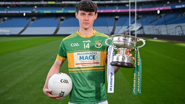 Jack Kelly of St Clares Comprehensive School, Leitrim, ahead of his team's Masita All-Ireland Post Primary Schools C Football Final with Ennistymon Community School, Clare, during the Masita All-Ireland Post Primary Schools Finals Captains Call at Croke Park in Dublin. Photo by Stephen McCarthy/Sportsfile.
