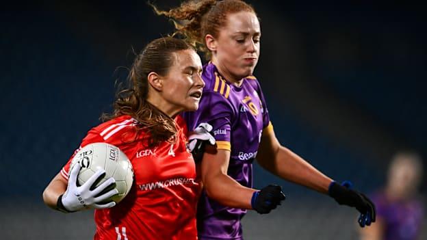 Niamh Divilly, Kilkerrin-Clonberne, and Niamh Cotter, Kilmacud Crokes, in AIB All-Ireland Ladies Football Club Final action at Croke Park. Photo by Piaras Ó Mídheach/Sportsfile