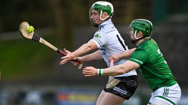 Ian Dwyer of Warwickshire in action against Rory Porteous of Fermanagh during the Allianz Hurling League Division 3B Final match between Fermanagh and Warwickshire at St Joseph's Park in Ederney, Fermanagh. Photo by Sam Barnes/Sportsfile.