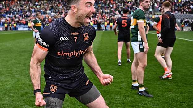 Aidan Forker of Armagh celebrates after his side's victory in the GAA Football All-Ireland Senior Championship semi-final match between Armagh and Kerry at Croke Park in Dublin. Photo by Piaras Ó Mídheach/Sportsfile.