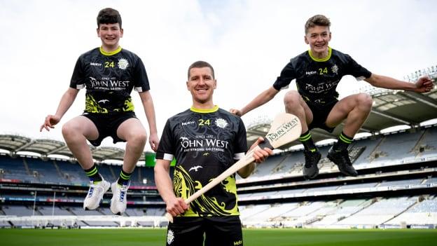 John West Féile Ambassador and Kilkenny hurler Eoin Murphy with Sam Moore of Whitehall Colmcille and Conor Martin of Lucan Sarsfields during the launch of the John West Féile 2024 at Croke Park in Dublin. Photo by Ramsey Cardy/Sportsfile.