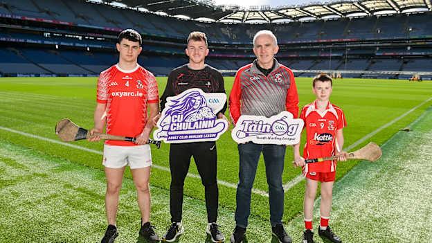 In attendance, from left, Knockbridge hurler Cormac Ludon, Louth hurler Paddy Lynch, Knockbridge U14 selector and manager Declan Fehily and Knockbridge youth hurler Cian Fehily during the Táin Óg & Cúchulainn Launch at Croke Park in Dublin. Photo by Ben McShane/Sportsfile.