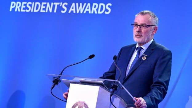 Uachtarán Chumann Lúthchleas Gael Larry McCarthy speaking during the GAA President's Awards at Croke Park in Dublin. Photo by Seb Daly/Sportsfile