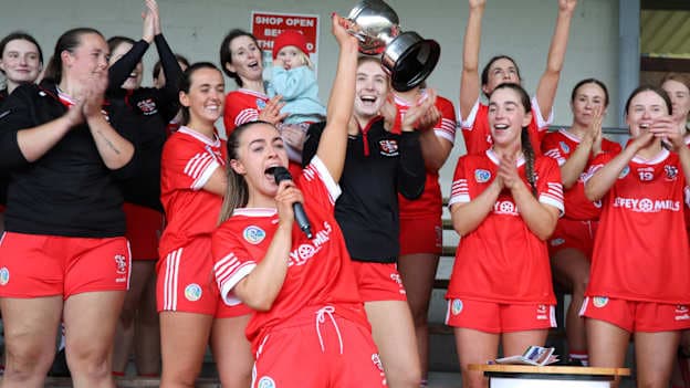 Shinrone captain Sharon Shanahan lifts the cup after victory in the Offaly Senior Camogie final. 