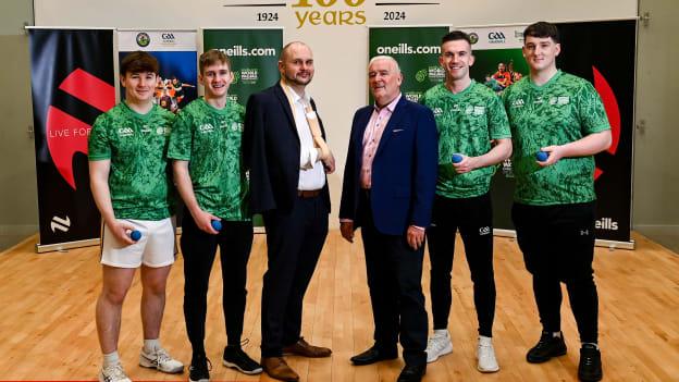 Cormac Farrell, Business Marketing Manager of O'Neills and David Britton of GAA Handball, centre, with, from left, Kyle Jordan, Cormac Finn, Conor McElduff and Mikey Kelly at the oneills.com World Handball Championships 2024 official launch at the National Handball Centre in Dublin. Photo by David Fitzgerald/Sportsfile.