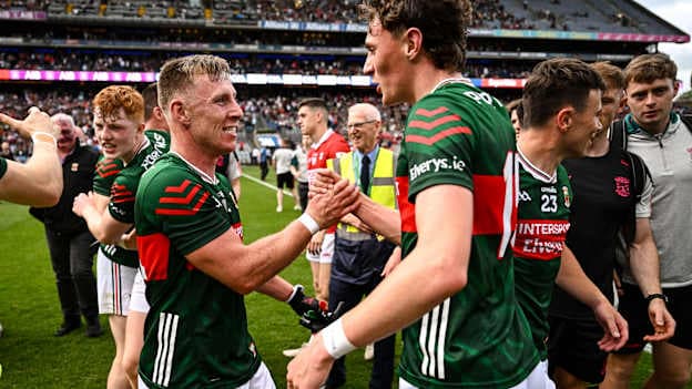 Ryan O Donoghue, right, and Kobe McDonald of Mayo celebrate after the GAA Football All-Ireland Senior Championship quarter-final match between Cork and Mayo at Croke Park in Dublin. Photo by Ben McShane/Sportsfile.