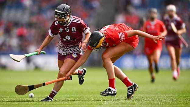 Aoife Donohue, Galway, and Aoife Healy, Cork, in action during the Glen Dimplex All-Ireland Senior Camogie Championship final at Croke Park in August. Photo by Piaras Ó Mídheach/Sportsfile