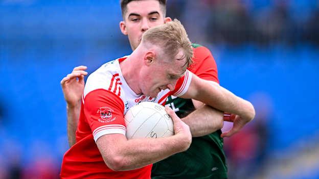 Paul Carey, Pádraig Pearses, and Ruaidhrí Fallon, St Brigid's, in Roscommon SFC action at Dr Hyde Park. Photo by Piaras Ó Mídheach/Sportsfile