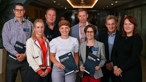 Aoife Lane, centre, with, from left, Phil Kearney, Kate Kirby, Des Ryan, Eamon O'Reilly, Denise Watson, Niall Moyna and Siobhan O'Connor during the Gaelic Games Sports Science Launch at Croke Park in Dublin. 