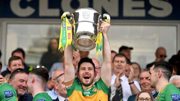 Ryan McHugh of Donegal lifts the Anglo Celt Cup the Ulster GAA Football Senior Championship final match between Armagh and Donegal at St Tiernach's Park in Clones, Monaghan. Photo by Ramsey Cardy/Sportsfile