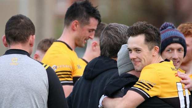 Portglenone players and supporters celebrate after defeating Lámh Dhearg in the Antrim SFC semi-final. Photo credit: Colleen Webb.