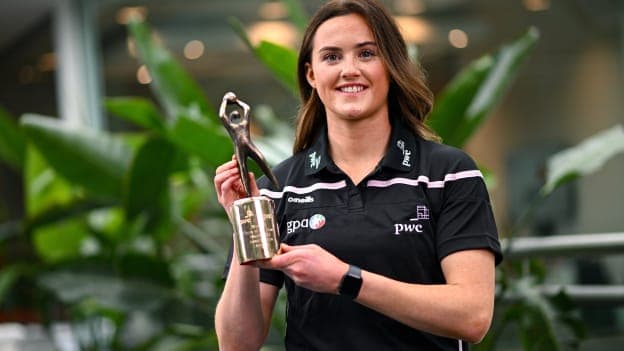PwC GPA Player of the Month for March in ladies’ football, Aimee Mackin, Armagh, with her award at PwC’s offices. Photo by Ramsey Cardy/Sportsfile