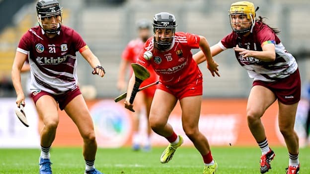 Amy O’Connor of Cork in action against Siobhan Gardiner, left, and Annmarie Starr of Galway during the Glen Dimplex All-Ireland Senior Camogie Championship final match between Cork and Galway at Croke Park in Dublin. Photo by Ramsey Cardy/Sportsfile.
