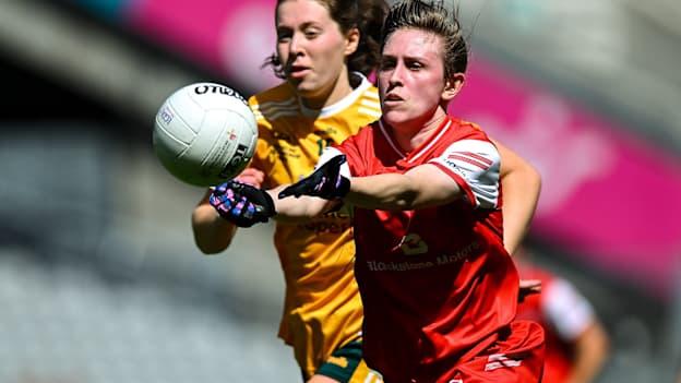 Louise Byrne, Louth, and Laura Agnew, Antrim, in All-Ireland Ladies Football Junior Championship Final action. Photo by Shauna Clinton/Sportsfile