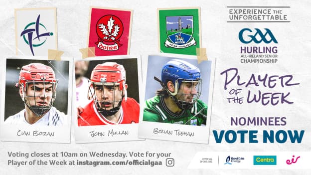 This week's GAA.ie Hurler of the Week nominees are Kildare's Cian Boran, Derry's John Mullan, and Fermanagh's Brian Teehan. 