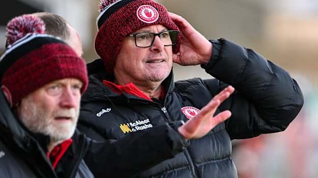 Tyrone manager Malachy O'Rourke, with selector Leo McBride to his right, during the Allianz Football League Division 1 match between Tyrone and Dublin at O'Neills Healy Park in Omagh, Tyrone. Photo by Ray McManus/Sportsfile.