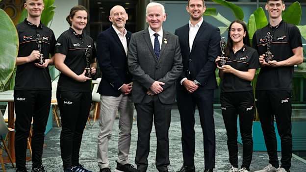 Ulster GAA President Michael Geoghegan, centre, PwC partner Ronan Finn, left, and GPA Welfare and Engagement Manager Colm Begley with PwC GAA/GPA Players of the Month for May, from left, Roscommon footballer Darragh Heneghan, Kerry footballer Mary Ellen Bolger, Clare camogie's Róisín Begley and Dublin hurler Brian Hayes with their awards at PwC offices in Dublin. Photo by David Fitzgerald/Sportsfile
