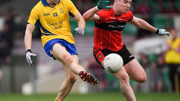 Jamie Barron of The Nire in action against Stephen Keeley of Adare during the 2018 AIB Munster GAA Football Senior Club Championship quarter-final match between Adare and The Nire at the Gaelic Grounds in Limerick. Photo by Piaras Ó Mídheach/Sportsfile