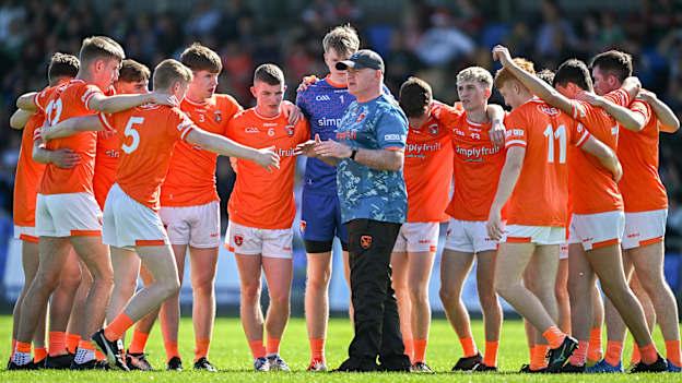 Armagh minor manager Aidan O'Rourke talks to his players before the All-Ireland semi-final win over Mayo. Photo by Sam Barnes/Sportsfile