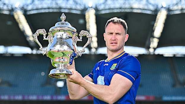 Dean Healy of Wicklow pictured with the Tailteann Cup at the launch of the Tailteann Cup at Croke Park in Dublin. Photo by Sam Barnes/Sportsfile.