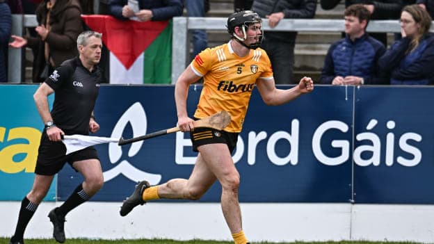 Antrim's Gerard Walsh celebrates after scoring a crucial late point against Wexford at Corrigan Park. Photo by Sam Barnes/Sportsfile