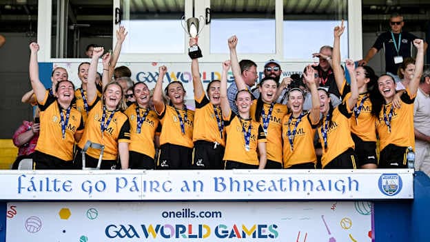 Middle East celebrate winning the Open Camogie Cup Final. Photo by Paul Phelan/Sportsfile