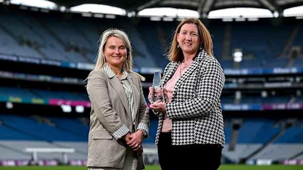 Poc Fada Hall of Fame 2024 recipient Denise Lynch, right, with Munster camogie Chairperson Christine Ryan. Photo by David Fitzgerald/Sportsfile