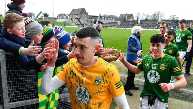 Meath goalkeeper Sean Brennan is congratulated by supporters after his side's victory in the Allianz Football League Division 2 match between Meath and Kildare at Páirc Tailteann in Navan, Meath. Photo by Sam Barnes/Sportsfile.