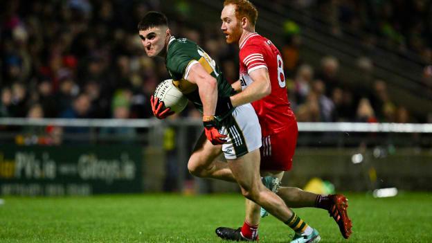 Sean O'Shea of Kerry is tackled by Conor Glass of Derry during the Allianz Football League Division 1 match between Kerry and Derry at Austin Stack Park in Tralee, Kerry. Photo by Brendan Moran/Sportsfile.