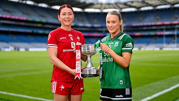 In attendance during the captains day ahead of the 2024 TG4 All-Ireland Ladies Football Championship Finals at Croke Park in Dublin is the Junior Championship contenders Louth captain Áine Breen, left, and Fermanagh captain Shannan McQuade. Photo by Ben McShane/Sportsfile.