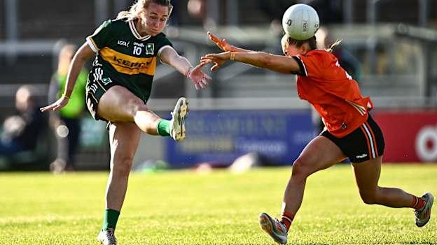 Niamh Carmody of Kerry has her kick blocked down by Grace Ferguson of Armagh during the TG4 All-Ireland Ladies Football Senior Championship semi-final match between Armagh and Kerry at Glenisk O’Connor Park in Tullamore, Offaly. Photo by Piaras Ó Mídheach/Sportsfile.