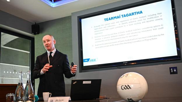 GAA Football Review Committee chairperson Jim Gavin addresses the media during a briefing at the GAA Football Review Committee media event held at Croke Park in Dublin. Photo by Seb Daly/Sportsfile