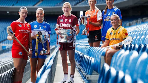 Cork's Ashling Thompson, Laois' Aimee Collier, Galway's Shauna Healy, Armagh's Rachael Trainor, Cavan's Roisin O'Keeffe and Antrim's Caitriona Graham pictured at the 2026 Glen Dimplex All-Ireland Camogie Championship Final Media Day in Croke Park. 