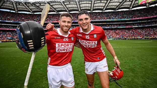 Conor Lehane and Brian Hayes celebrate following Cork's All-Ireland SHC Semi-Final win over Dublin. Photo by Ramsey Cardy/Sportsfile