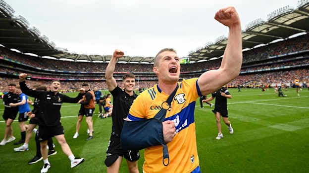 Conor Cleary of Clare celebrates after the GAA Hurling All-Ireland Senior Championship Final between Clare and Cork at Croke Park in Dublin. Photo by Stephen McCarthy/Sportsfile.