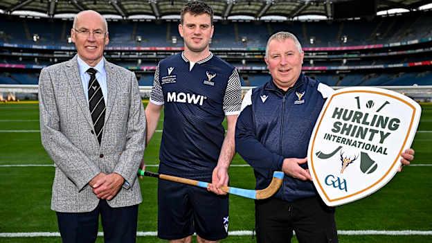  In attendance during the Shinty Hurling International 2024 launch at Croke Park in Dublin are, from left, Shinty President Burton Morrisson, Scotland player Craig Morrison and Scotland manager Gary Reid. Photo by Sam Barnes/Sportsfile.