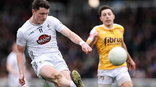 Alex Beirne of Kildare kicks a point during the Allianz Football League Division 3 match between Kildare and Antrim at Cedral St. Conleth's Park in Newbridge, Kildare. Photo by Thomas Flinkow/Sportsfile.