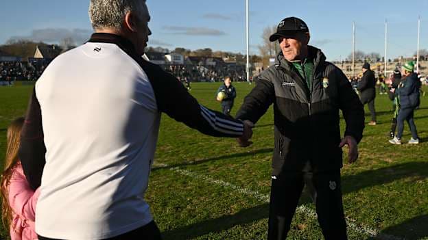 Jack O'Connor and Pádraic Joyce shake hands following last year's Allianz Football League clash between Galway and Kerry at Pearse Stadium. Photo by Brendan Moran/Sportsfile