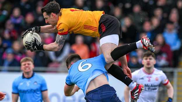 Tyrone goalkeeper Niall Morgan is fouled by Seán McMahon of Dublin during the Allianz Football League Division 1 match between Tyrone and Dublin at O'Neills Healy Park in Omagh, Tyrone. Photo by Ray McManus/Sportsfile.