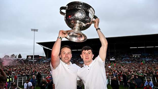 Mayo manager Andy Moran, left, and captain Jack Coyne during the homecoming celebrations of the All-Ireland Senior Football Champions at Hastings Insurance MacHale Park in Castlebar, Mayo. Photo by Piaras Ó Mídheach/Sportsfile.