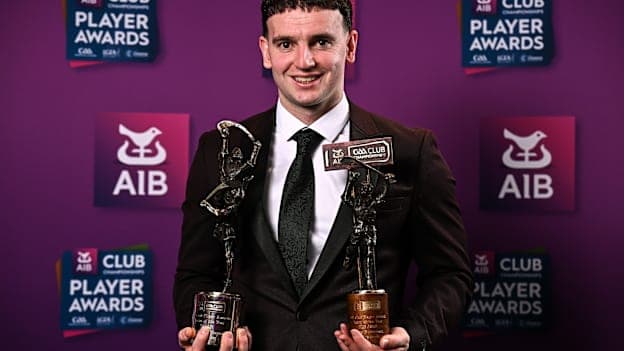 Dessie Hutchinson of Ballygunner, Waterford, with his 2025/26 AIB GAA Club Hurling Team of the Year award during the AIB Club Player Awards at Croke Park in Dublin. The event marked the second time that the four codes of Hurling, Football, Camogie, and Ladies Football were celebrated together, honouring the best club players from across the country. Photo by Sam Barnes/Sportsfile.