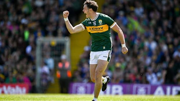 David Clifford of Kerry celebrates after scoring his side's first goal during the Munster GAA Football Senior Championship final match between Kerry and Clare at Fitzgerald Stadium in Killarney, Kerry. Photo by Brendan Moran/Sportsfile.
