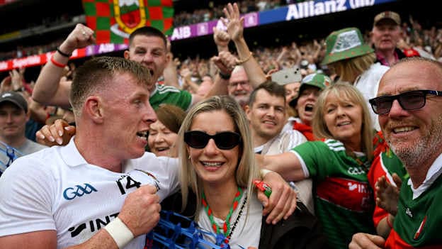 Ryan O'Donoghue of Mayo with fiancée Courtney O'Donnell and supporters after the GAA Football All-Ireland Senior Championship final match between Kerry and Mayo at Croke Park in Dublin. Photo by Ray McManus/Sportsfile.