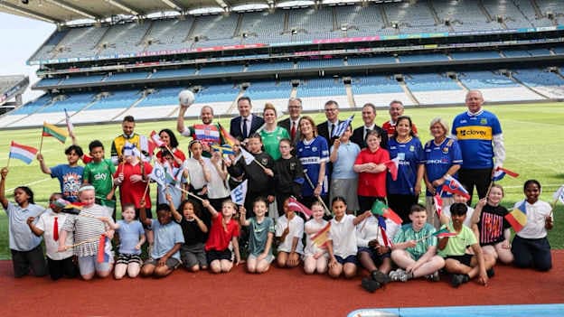 European Parliament President, Roberta Metsola, and leaders of the Parliament’s political groups pictured at Croke Park.