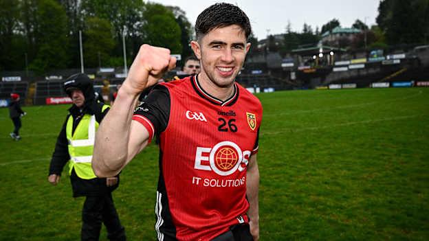Down's John McGeough celebrates at Brewster Park. Photo by Ramsey Cardy/Sportsfile