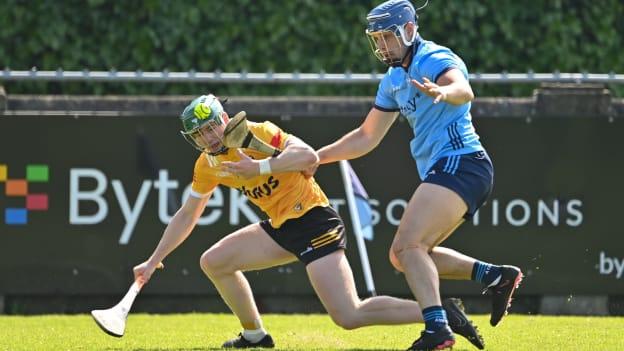 Conal Cunning, Antrim, and Eoghan O'Donnell, Dublin, in Leinster SHC action. Photo by Ben McShane/Sportsfile