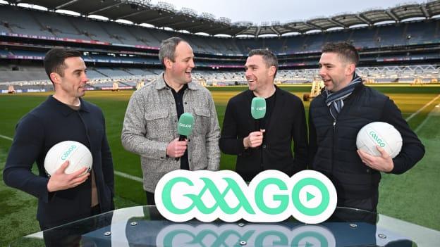 In attendance at the 2024 GAAGO match schedule launch at Croke Park in Dublin were, Football analysts from left, Aaron Kernan, Michael Murphy, Paddy Andrews and Marc Ó Sé.  Photo by Sam Barnes/Sportsfile